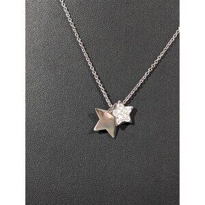 Hallmark Stainless Steel Double Star Rhinestone Charm necklace Silver Tone 20"